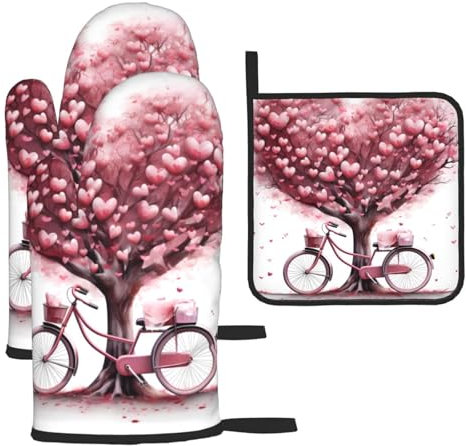 YYHWHJDE Set di 3 guanti da forno e presine per isolamento termico antiscottatura, per festa della mamma, San Valentino, stampe romantiche con alberi e bici