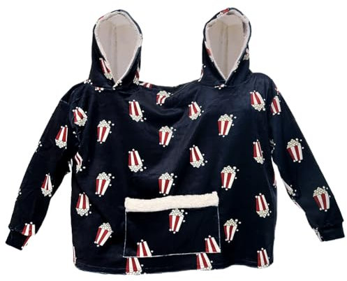 CAKEASY Intimer Schlafanzug für Paare, lustiger Schlafanzug mit Kapuze, übergroßer Kapuzenpullover, Sweatshirt, Flanell, Heimkleidung mit Taschen, Schwarzes Popcorn, Large