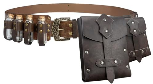 EpicCos 4 PCs Medieval Alchemy Belt Waist Pack Combo mit Mehreren Trank Flaschen, Wikinger Niet Gürtel Seitentasche für Cosplay(Braun B)