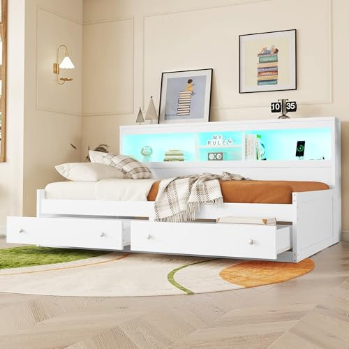Merax Schlafsofa 90x200 Tagesbett mit Stauraum, Funktionsbett mit 2 Schubladen, USB-Ladebuchsen, Bettrahmen mit Lattenrost (ohne Matratze), Schlafcouch für Wohnzimmer/Schlafzimmer/Gästezimmer, Weiß