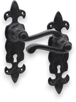 Infinity Decor Antique Black Fleur De LYS Pattern Lever Door Handle Set – Iron Key Hole Rustic Handles Pair for Interior and Exterior Doors
