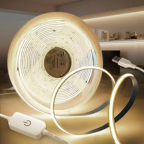 KSIBNW 5M/16.4ft USB COB LED Strip Lights, Natural White 4000K Dimmable Led Light Strip 5V LED Tape Lights Flexible CRI90+ TV Backlight with 1.3M USB Powered for Bedroom Cabinet Kitchen Decoration