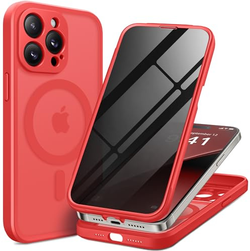 BERFY for iPhone 14 Pro Max Case, Compatible with MagSafe,Red | Built-in Privacy Screen Protector, Full Camera Protection, Shockproof Full Body Magnetic Clear Phone Case 6.7