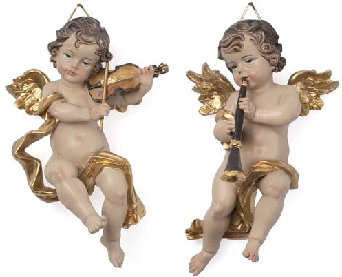 Engel Figuren 2er Set mit Violine & Klarinette aus Polyresin - Wanddeko Engel mit goldenen Flügeln - Hängend - Dekofigur für Weihnachten & ganzjährig - ca. 15 cm hoch