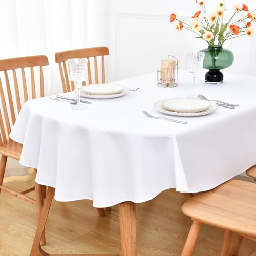 NEWISHER Ovale Tischdecke, weiß, 155 x 215 cm, strapazierfähiges Polyestergewebe, waschbar, solide Tischdecke für Esszimmer, Küche, Zuhause, Party, Innen- und Außenbereich