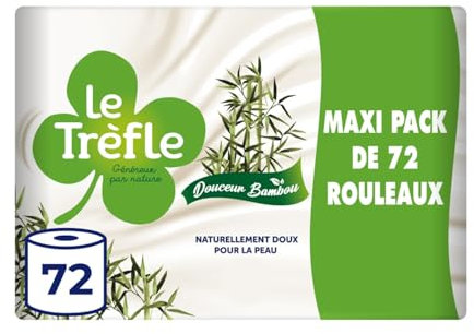 Le Trèfle Douceur Bambou - 72 Rouleaux de Papier Toilette, Triple épaisseur, 130 Feuilles par Rouleau, Naturellement doux pour la Peau, Rouleaux dotés de Fibres de Bambou
