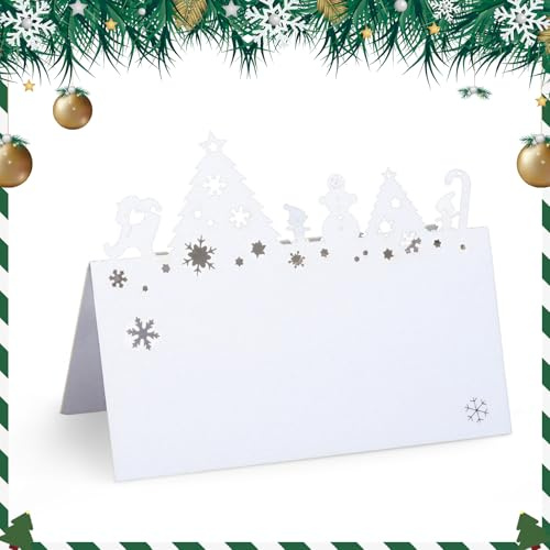 Lot de 50 marque-places de Noël pour table, marque-places de nom de Noël pour table, tente nominative bonhomme de neige blanc, plaque nominative de Noël, porte-nom de Noël pour décoration de fête de