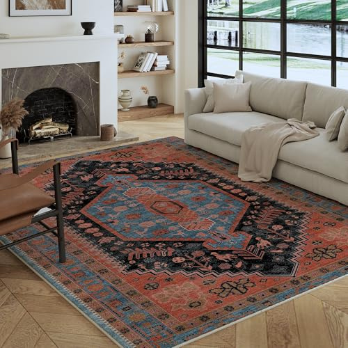 Decoranddecor Traditional Rugs Living Room 160x230cm Washable Non-Slip | Orange Large Living Room Rug, Machine Washable Rug, Area Rug, 6mm Low Pile, Pet Friendly, Stain Resistant