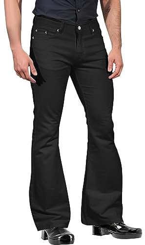 Herren-Schlaghose, Stretch, lässig, klassisch, Retro, schmale Passform, Vintage-Glockenhose, 60er-, 70er-Jahre, Disco-Schlaghose mit Taschen, für Themenpartys, Festivals, Alltag 2026, Schwarz , S
