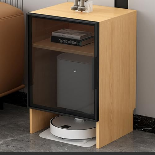 Meuble de Rangement pour Robot Aspirateur avec Portes en Verre Trempé & Roulettes Silencieuses - Organisateur Style Industriel Tech pour Robot Aspirateur, Table d'Appoint pour S Wood with Black Frame