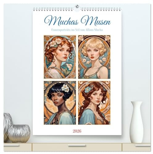 Muchas Musen (hochwertiger Premium Wandkalender 2026 DIN A2 hoch), Kunstdruck in Hochglanz: Schöne Frauen wie von Alfons Mucha gemalt (CALVENDO Kunst)