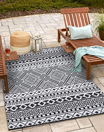 Green Decore Reversible Recycled Plastic Camping and Picnic Rugs | Perfect for Garden, Patio, Picnic, Decking | Stain And Water Resistant | Relic Black/White 120 x 180 cm (Folded)