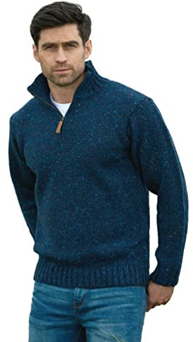 Aran Crafts Men's Irish Cable Knitted Wool Half Zip Sweater (Z2040-SM-DEN) Denim