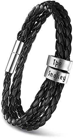 Kaululu Armbänder für Herren Personalisierte Schwarz Lederarmband mit 1-5 Namen Partnerarmbänder Familie Paar Armband mit Gravur Armbänder für Männer BFF Papa Vatertag Personalisierte Geschenke#2 Ring