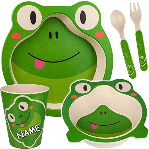 alles-meine.de GmbH Geschirr Artikelwahl 5 TLG. Geschirrset - lustiger Frosch - Trinktasse + Teller + Müslischale + Besteck - inkl. Name - Kindergeschirr - Frühstücksset für ..