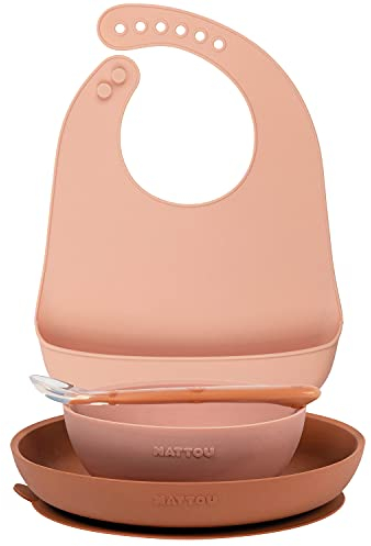 Nattou Vajilla de silicona para niños, 4 piezas, 1 cuchara, 1 plato, 1 bol, 1 babero con bandeja recogegotas, Sin BPA, Silicona, Rosa/Marrón