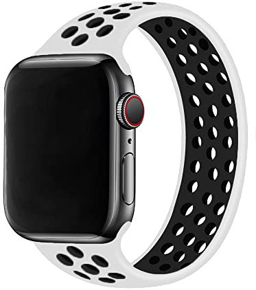 Silicone Solo Loop Strap Compatible with Apple Watch Straps 38mm 40mm 41mm 42mm 44mm 45mm, Breathable Elastic Sport Band for iWatch Series 8 7 6 5 4 3 2 SE, White black 38/40/41MM-XS