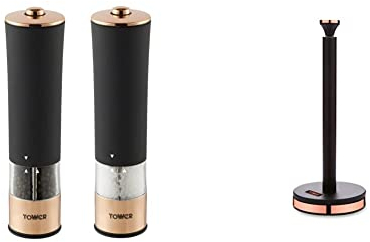 Tower T847003RB Electric Salt and Pepper Mill, Stainless Steel, Soft-Touch Body, Rose Gold and Black & T826133BLK Cavaletto Towel Pole Kitchen Roll Holder with Soft Underliner, Black and Rose Gold