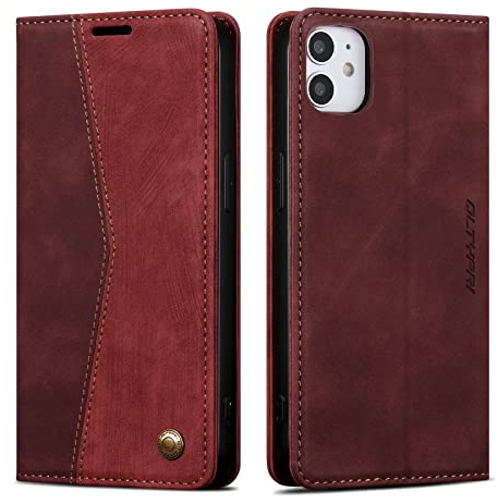 QLTYPRI Wallet Case for iPhone 11, Vintage PU Leather Folio Case with Card Slots Kickstand Magnetic Closure Shockproof Flip Phone Cover for iPhone 11 (6.1 inch) - Wine Red