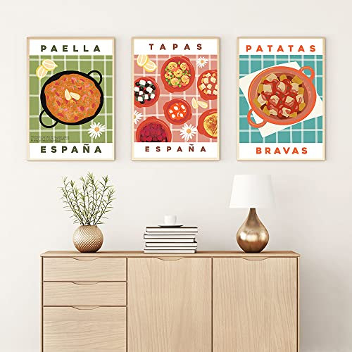 Spanische Tapas Paella Retro Essen Drucken 3 Stück Leinwand Malerei Küche Dekor Kunst Poster Walisische Kuchen Brötchen Vintage Farbe Wand Bilder 35Cmx50Cmx3Pcs Kein Rahmen