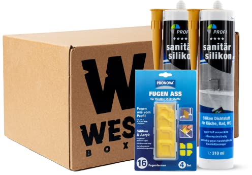 W West Boxx Set aus 2x Profi Sanitär Silikon 310ml in Caramel und Fugen-Ass, Sanitärsilikon ideal für Sanitärbereich, Küche, Bad, WC, Glas, Fliesen, Keramik