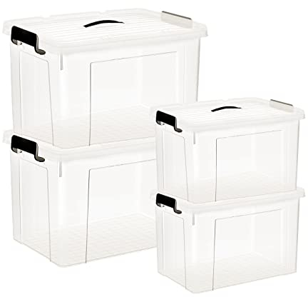 HOHAOO Plastic Storage Box with Lid, 25L*2+ 40L*2 Large Storage Boxes Clear Stackable Storage Bin with Latching Buckles for Home and Office