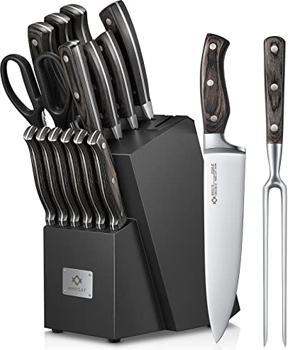 AMEGAT 15-TLG Messerblock Set mit Selbstschärfender Messerblock und Tranchiergabel, Holzgriff im Vollerl-Design und 3-Nieten-Design, Hochwertige Edelstahl Kochmesser Set mit Holzblock