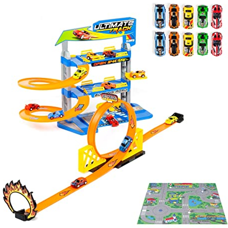 MOLTO | Parcheggio 3 piani con looping e accessori + 10 auto incluse + arazzo | Parco auto giocattolo | Giocattoli educativi per bambini | Dai 3 anni in su