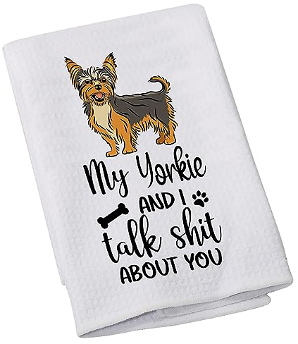 LEVLO Yorkie Lovers Gift My Yorkie and I Talk About You Kitchen Towel Dog Owner Dish Towel(My Yorkie)