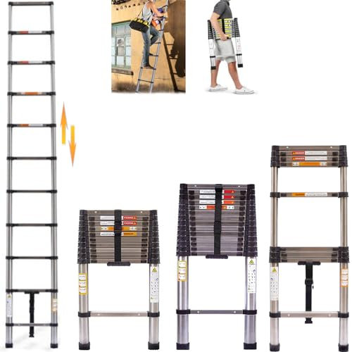 3,8M Edelstahl Teleskopleiter, Teleskop Klappleiter Tragbar Mehrzweckleiter Ausziehleiter, Klappleiter Stehleiter Mehrzweckleiter, Ausziehbare Leiter Rutschfester Haushaltsleiter, 150kg Belastbarkeit