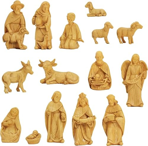 FADEDA 15x Krippenfiguren modern, Holzoptik/Höhe:10 cm/handbemalt/detailgetreue Krippen Figuren - Weihnachten Tisch Dekoration Krippe Zubehör