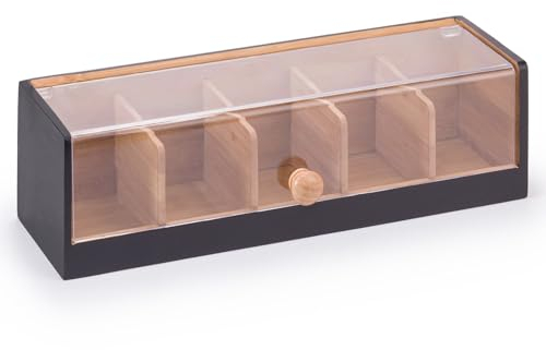 Woodluv Tea Storage Organizer with 5 Compartments, Premium Multi Purpose Display Case, Storage for Assorted Teas, Lidded Countertop Holder, Stylish Chai Container with Lid for Kitchen - Black