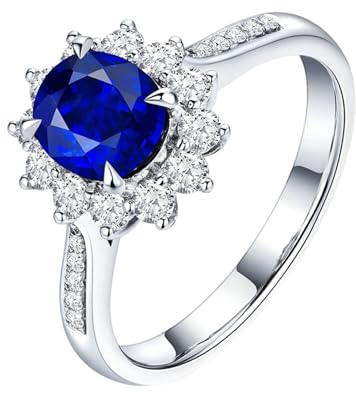 Wycian Eheringe Nordisch, Hochzeit Ring Weißgold 18 Karat Blume Lab Saphir 1.6Ct Blau Ovalschliff Vvs mit Diamant Natur Weiß Größe 56 (17.8) Personalisiert