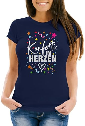MoonWorks® Damen T-Shirt Fasching Karneval Konfetti im Herzen Kostüm-Ersatz Verkleidung Funshirt Frauen Navy XL