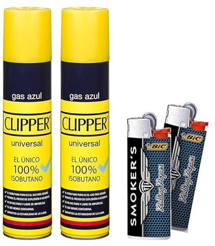 Pack 2 Botellas de GAS CLIPPER AZUL 300 ML para Recargar Mecheros y Sopletes de Cocina + 2 MECHEROS BIC SMOKER'S DE REGALO