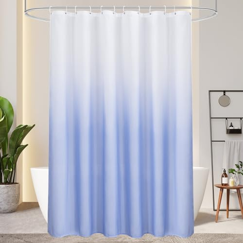 AooHome Duschvorhang 180X200cm Textil, Blau Duschvorhänge 120g/m² Farbverlauf Badvorhang Wasserdicht Waschbar Antischimmel mit 12 Duschvorhangringen(Weiß nach Blau)