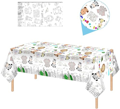 Papier Tischdecke zum Ausmalen,137x274cm Ausmaltischdecke zum Kinder Beschäftigung,Rechteck Wasserdicht Rätsel Tischdecke,Waldtiere Thema Partydekorationen beim Kindergeburtstag