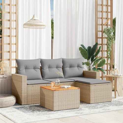 QJBSAVVA 5-TLG. Garten-Sofagarnitur, Gartensofa Sitzecke Balkon Balkontisch Klein Eckbankgruppe Geeignet für Wenig Platz Balkon Außen Garten mit Kissen Beige Poly Rattan