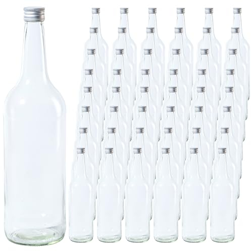 Vitrea 48 leere Glasflaschen 1 Liter Schraubverschluss Silber - große Flaschen zum Befüllen mit Deckel - für Wein, Saft, Getränke, Likör, Öl, Saucen - 48 Stück, PP28, Gradhals