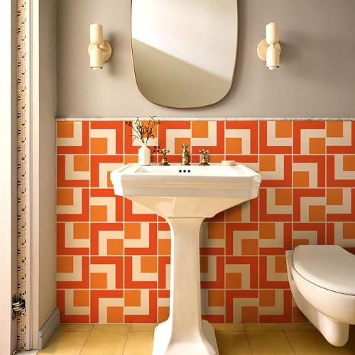 Alwayspon 0.5mm Thickness 12PcsX20cmX20cm Orange, Red and White Vinyl Floor Wall Tile Sticker Transfer, Vinyl Flooring Non-Slip Sticky Back Tile Decals for Kitchen Bathroom