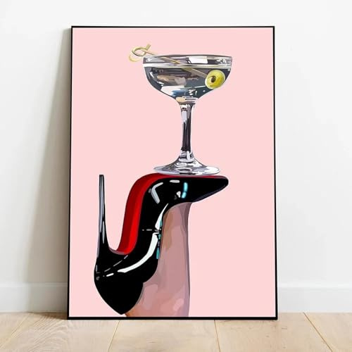 ZHAOLIN Wein auf High Heels Druck, Pink, Cocktail, Modeplakat, Vintage, Cocktailbar, Wandkunst, Leinwandbild, Zimmerdekoration für Teenager-Mädchen, 30 x 50 cm (12 x 20 Zoll), rahmenlos