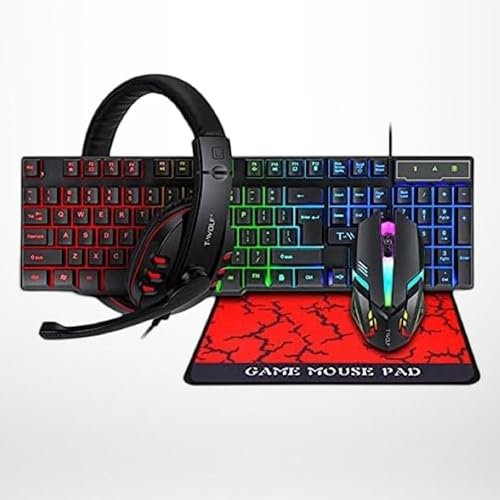 PearlBytes for T-Wolf 4 in 1 Gaming Keyboard, Mouse, HeadSet & Mouse Pad - Black - For Ultimate Pro Gamers - Rainbow LED Lights