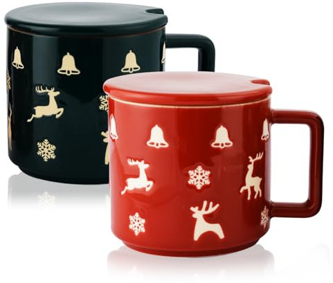 Qdetak Set di 2 tazze da caffè natalizie, con design natalizio a tema natalizio, per caffè, cioccolata calda, regali di Natale per familiari e amici, 425,2 g