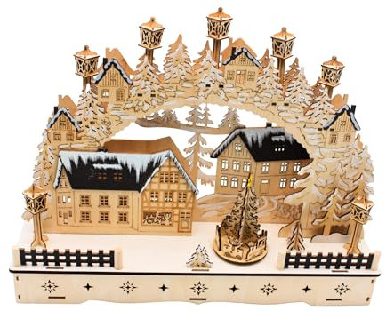 LED Holz Schwibbogen, Lichterbogen, Schwippbogen, Leuchterbogen, Fenster Schwibbogen mit bewegtem Tannenbaum inklusive Netzteil als auch Batteriebetrieb möglich, L/B/H ca. 45 x 12 x 35 cm.