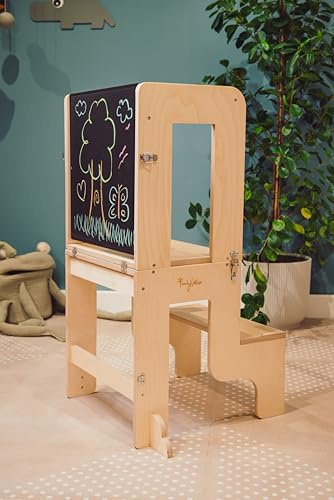 Family Nation, Tour Montessori 3 en 1, avec Tableau Magnétique, Convertible en Table et en Chaise, pour Enfants 1+Ans, Structure en Bois avec Support Supplémentaire, Couleur Naturelle, 42x45x86 cm