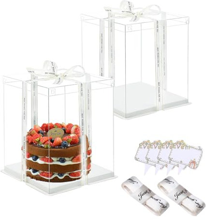 Vebetter 2 Stück Tortenschachtel Tortenkarton 22 * 22 * 30cm Tortenbox Cake Box Transparent Torten Transportboxen Geschenkbox Durchsichtig mit Weiß Sockel, Band, kleine Karte für Geburtstag Dessert.