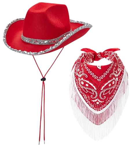 Cowgirl-Hut mit Fransen-Bandana-Brandkanten-Pailletten Red Cowgirl Hut mit Kinngurt Nicht gewebter westlicher Cowboyhut für Cosplay, Halloween-Kostüme, roter Cowgirl-Hut, Kuhmädchenhut
