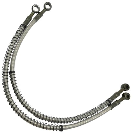 Red Circles Braided Pit Bike Oil Cooler Hose - 500mm with 8mm/10mm Banjo Bolt Fittings - Ideal for YX160, Z155 Engines with Bottom Oil Feed - Durable and Heat-Resistant Cooling Solution