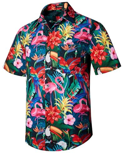 Rithern Chemise Hawaienne Homme Été Chemises Manches Courtes Hawaiiennes Casual Aloha Fleur Flamant Button Down pour Plage Fête Vert&Bleu&Rose L