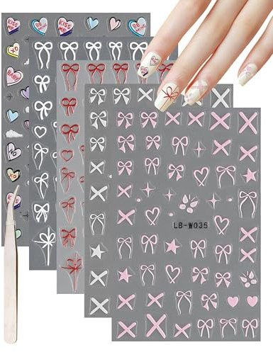 Nagelsticker Valentinstag-5 Blatt Nail Art Sticker Selbstklebend Nagelaufkleber und 1 Pinzette, Französisch Weiß Rot Bogen Herz Frauentag Muttertag Dekoration Nageldesign Zubehör Stickers-set I